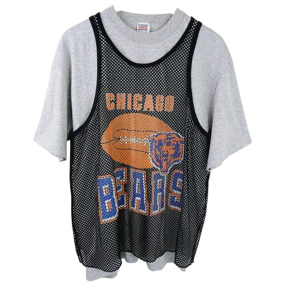 Chicago Bears VTG SZ L Single Stitch Unisex Gray Tee With Mesh Tank Overlay RARE - Picture 2 of 6